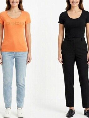 bebe Bundle Orange Sequin Logo & Black Ribbed Baby Short Sleeve Tees Size Small